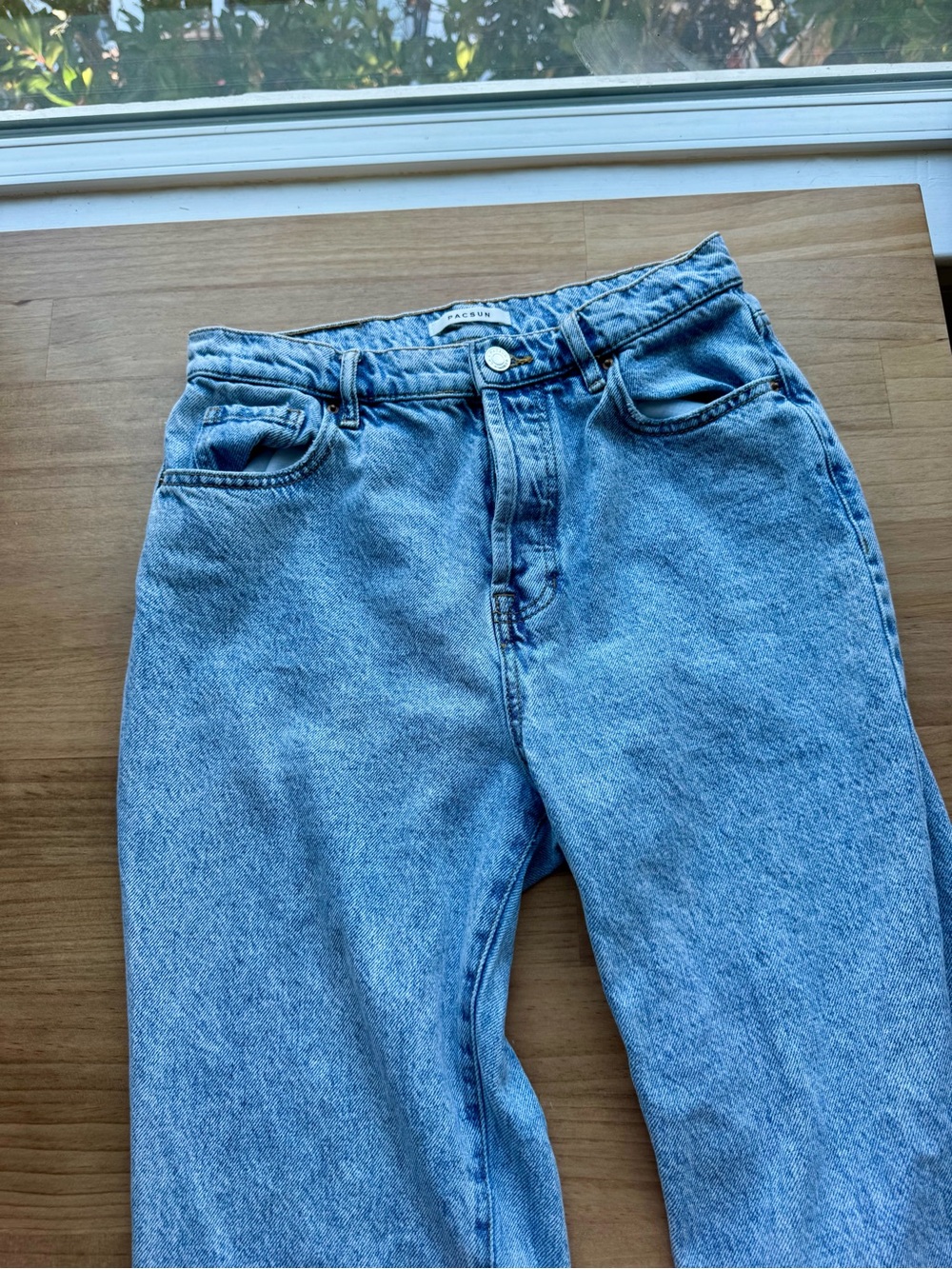 PacSun High Rise Straight Jeans (28”) — Light Blue Distressed Wash